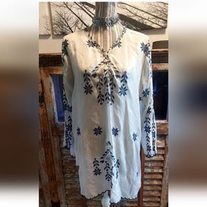 Johnny Was Linen White Embroidered Shift Tunic Sheer Dress Blouse Boho Hippie S